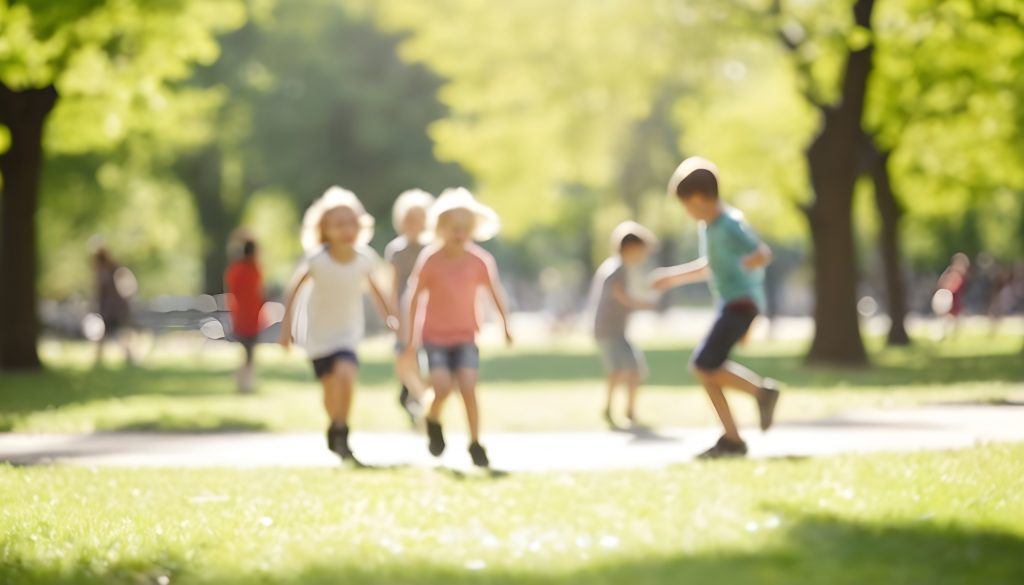 blurred picture of children playing in a park on a sunny day