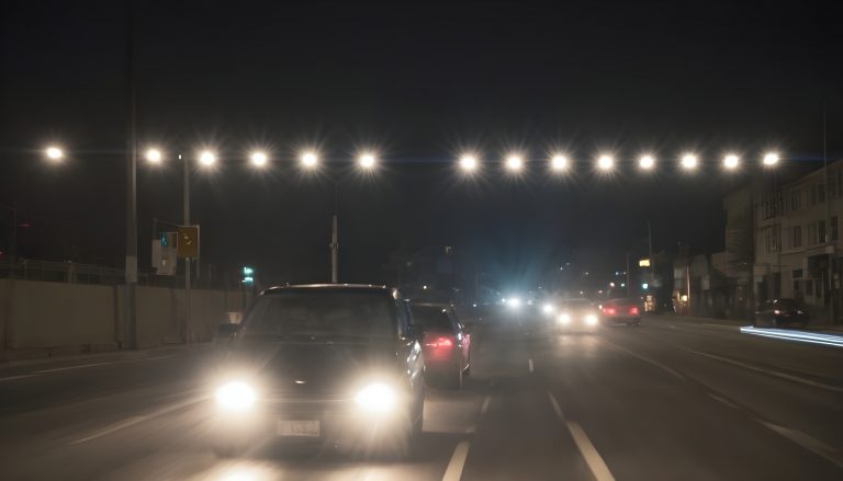 severe glare from multiple car headlights while driving at night on a busy street